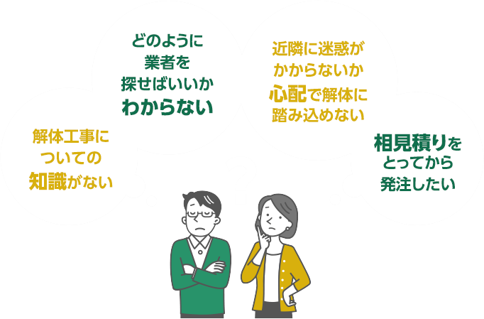 解体工事についての知識がない／どのように業者を探せばいいかわからない／近隣に迷惑がかからないか心配で解体に踏み込めない／相見積もりをとってから発注したい