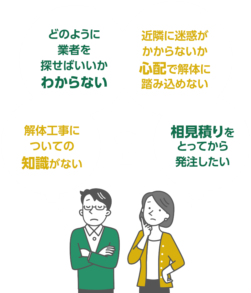 解体工事についての知識がない／どのように業者を探せばいいかわからない／近隣に迷惑がかからないか心配で解体に踏み込めない／相見積もりをとってから発注したい