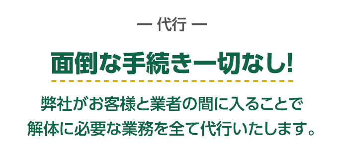 ―代行―面倒な手続き一切なし！弊社がお客様と業者の間に入ることで解体に必要な業務を全て代行いたします