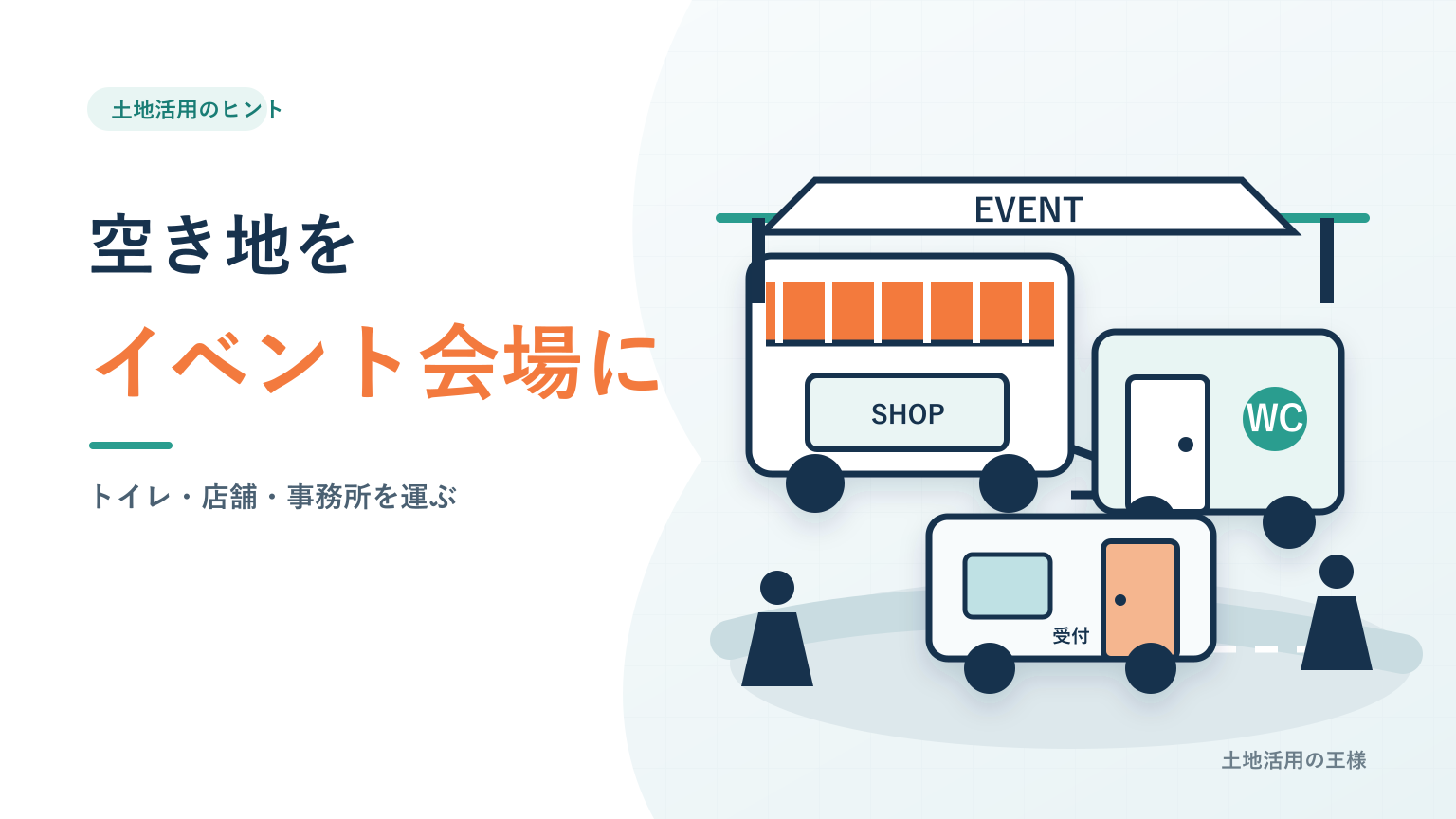 空き地のイベント会場に店舗・トイレ・受付のトレーラーを配置したイラスト